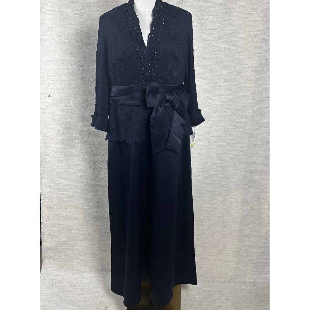 MARINA Navy Lace Beaded Jacket & Satin Skirt Gown